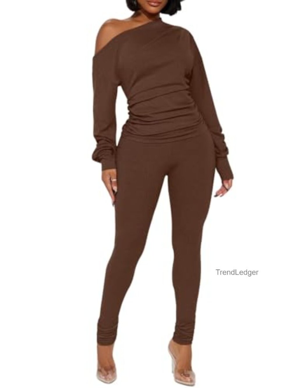 Sexy 2 Piece Outfit One Off Shoulder Top Ribbed Pant Set Tracksuit Clubwear